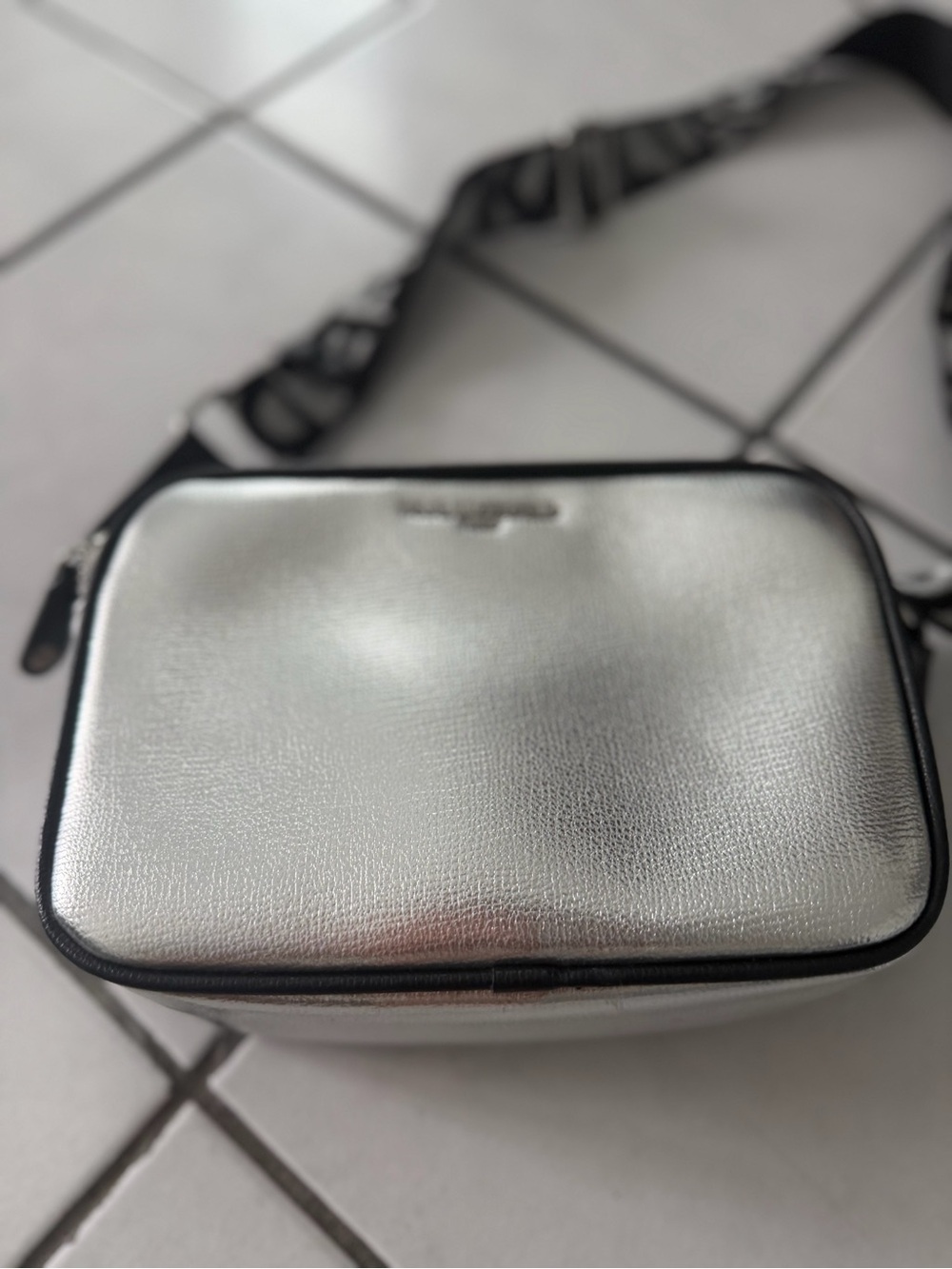 Karl Lagerfeld Metallic Silver Crossbody Camera Bag with Logo Strap
